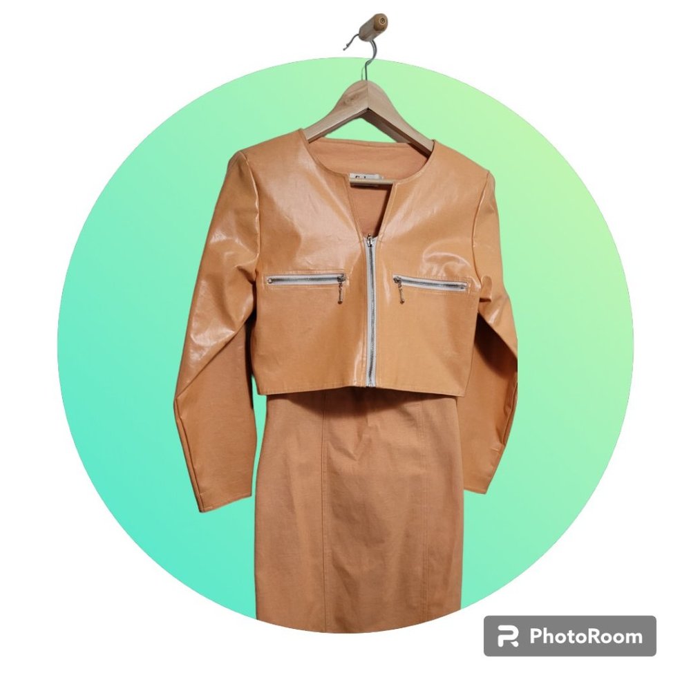 Finley Orange Faux Leather jacket and Orange denim jumpsuit dress